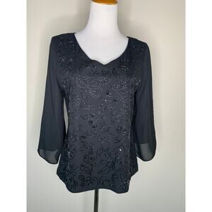 Black Beaded Blouse Formal Wedding Bell Sleeve Sz 8